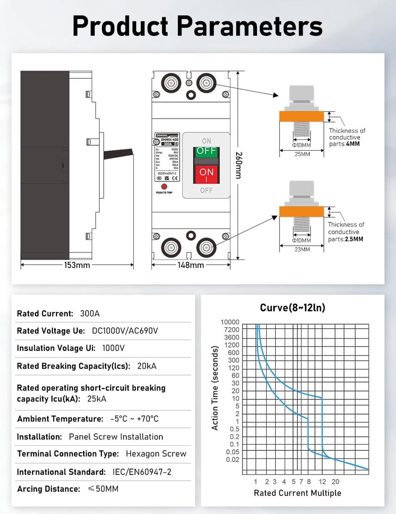 DIHOOL Heavy Duty Battery Disconnect Switch, 300 Amp DC Circuit Breaker for Main Power Station Solar System, UPS - Image 2